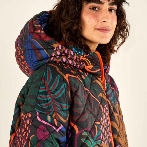 FARM RIO Blue Cool Leopard Long Reversible Puffer Jacket Coat Tropical - Picture 7 of 14